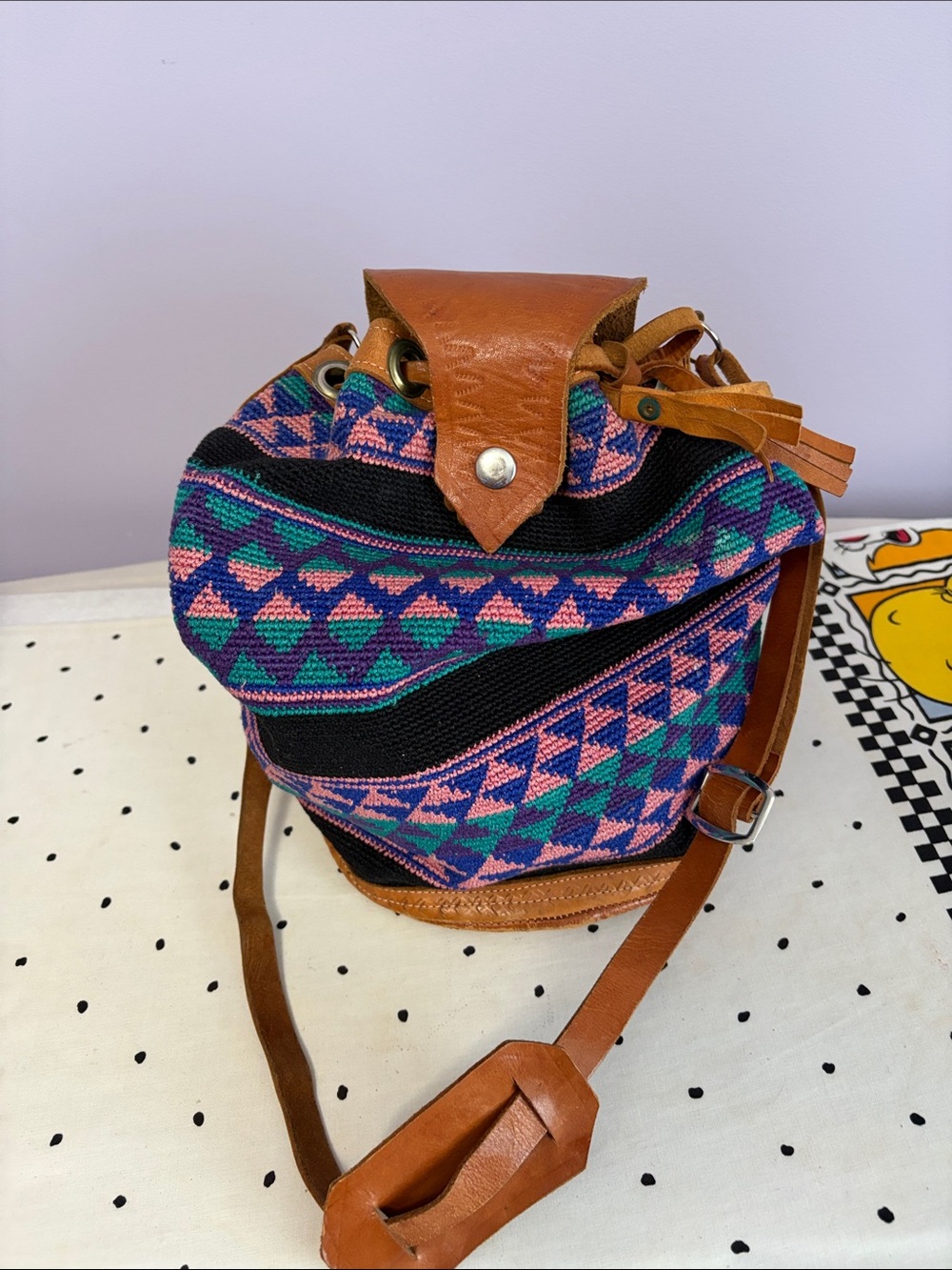 Boho Knit Drawstring Vintage bag with Leather Trim from Mexico